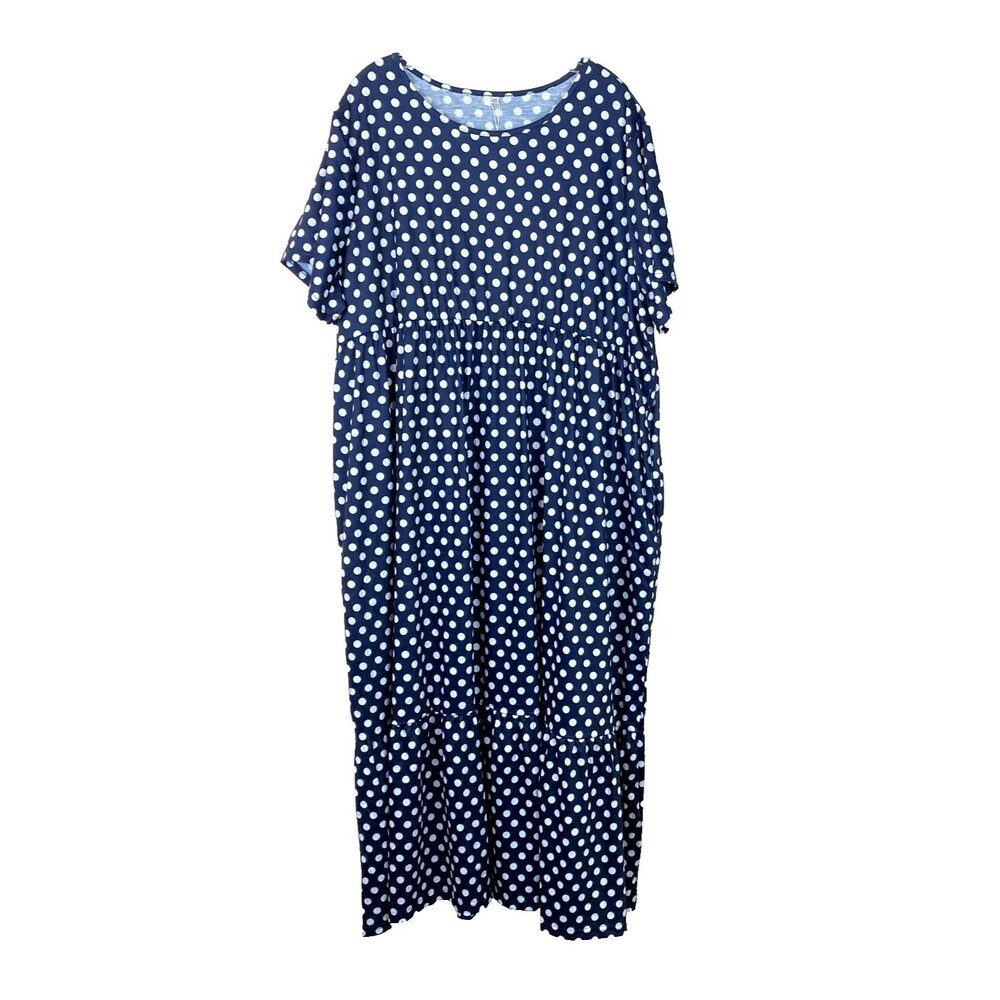Mengpipi Women's NWT Tiered Maxi Dress Size 4XL Blue White Polka Dots